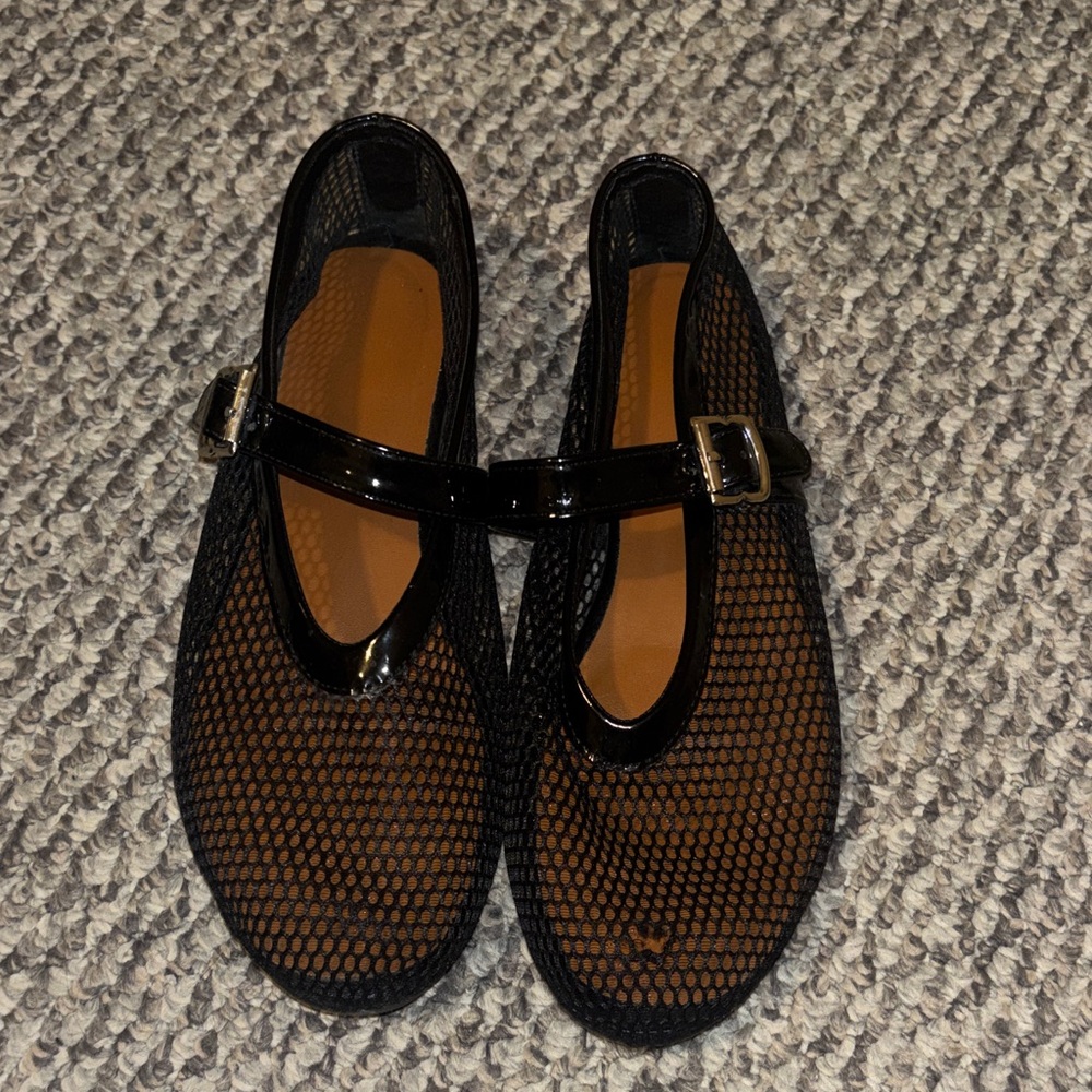Black Mesh Mary Jane Flats with Buckle Strap